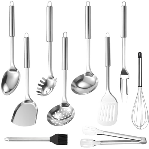 DXiongW Set di Utensili da Cucina in Acciaio Inossidabile 10 Pezzi Utensili da Cucina Lavabili in Lavastoviglie Set Mestoli Resistente al Calore con Spatola Schiumarola Cucchiaio Pasta Frusta e Pinza