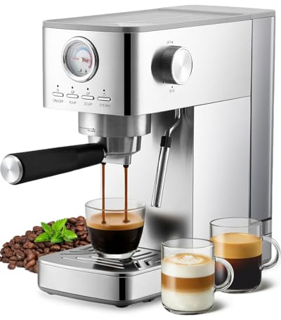 HAUSPROFI Siebträgermaschine, Espressomaschine 15 Bar, Sichtbares Manometer, 1,4L Wassertank, Klein Kaffeemaschine Espresso für Cappuccino, Latte & Macchiato, Silber