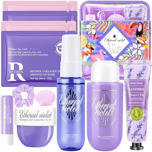 Set de regalo cuidado la piel 12 piezas para mujer, incluye spray perfumado, gel ducha, crema manos, corporal, bálsamo labial, 4 mascarillas los ojos, jabón con forma concha y una goma el pelo
