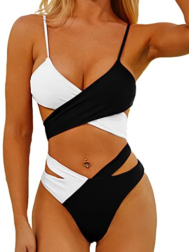 Tofern Maillot de Bain Femme 2 Pieces Chic Croisé Bandage Sexy Bikini Curvy Push Up de Plage, Women Swimming Suit