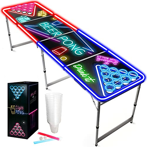 Original Cup Beer Pong® - Table Beer Pong Lumineuse avec Trous sous Les Gobelets + 22 Cups + 24 Sticks + 2 Balles Fluo - Table Pliable, Transportable, Anti-Rayures - Jeu de Biere Pong