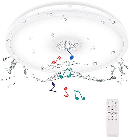 Lampe, plafonnier LED, étanchéité IP65, avec télécommande et haut-parleur Bluetooth, changement de couleur, diamètre 28 cm, intensité variable, moderne, encastré, pour salle de bains et cuisine