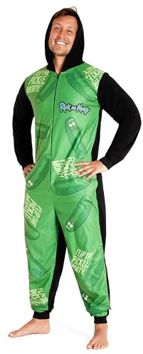 RICK AND MORTY Onesie Fleece Herren - Kapuzen-Flausch-Fleece-Einteiler für Männer - Größen M-3XL Herren Loungewear (Grün/Schwarz, 3XL)