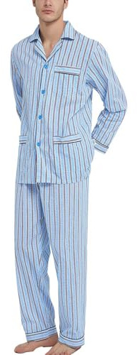 GLOBAL Mens Pyjamas Set | 100% Cotton PJs | Button Front Top and Elastic and Drawstring Bottoms Sky Blue,Stripe XL