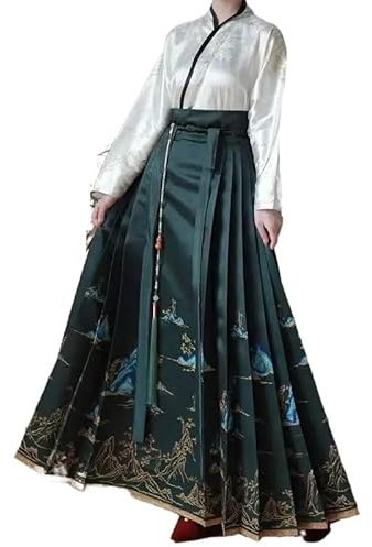 Dinastía Ming Mujeres Hanfu Estilo Chino dinastía Ming Hanfu Falda Midi Falda con Cara de Caballo Vestido Chino (Color : Green, Size : Large)