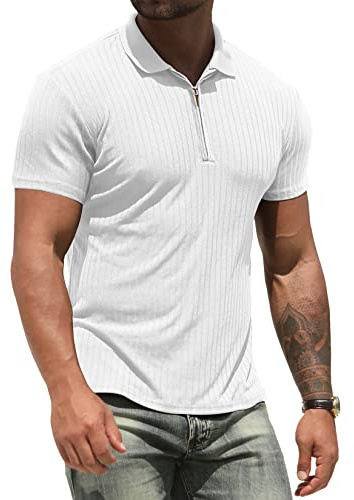 NITAGUT Poloshirt für Herren Workout Leistung Slim Fit Reißverschluss T-Shirts Männer Sport Golf Tennis Oberteile,Weiß,XL