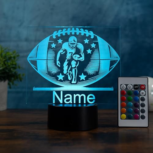 Personalisierte LED Football Lampe – Nachtlicht & Tischlampe mit Name – American Football Geschenk für Kinder, Jugendliche & Erwachsene – Football Deko für Zuhause & Vereinsheim, 16 Farben dimmbar