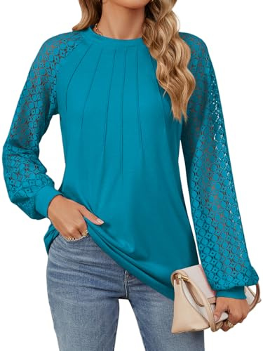 Decorie Camicia Donna Elegante Maglia Manica Lunga in Pizzo Top Blusa Casual T Shirt Donna Maglietta(Blu Pavone,XL)