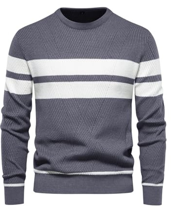 LUVCES Jersey Hombre Invierno Suéter Casual con Bloques de Color Cuello Redondo Manga Larga Jersey de Uso Diario a Rayas Tops Gris M