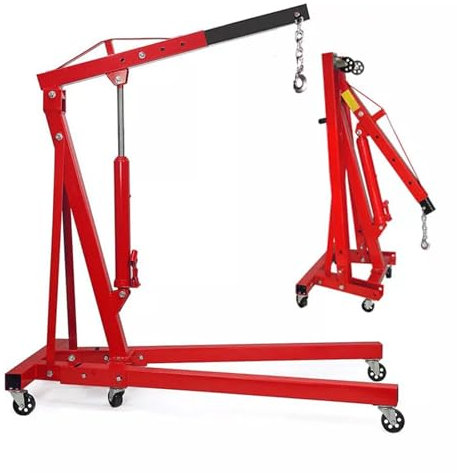2 Ton Folding Hydraulic Engine Hoist Crane on Wheel, Heavy Duty Adjustable Engine Crane Stand Jack Lifting Tools for Car Workshop Garage Red