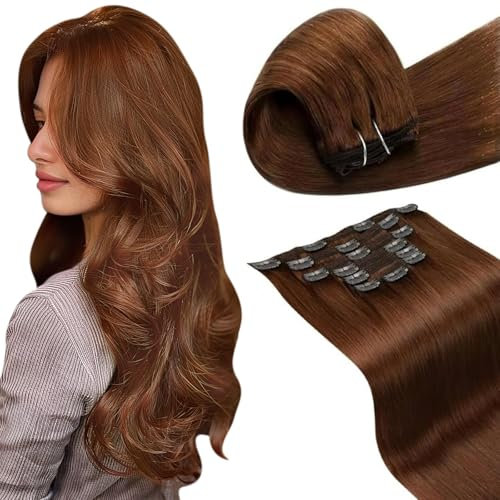 LaaVoo Extensions Clip in Echthaar Rotbraun Haarverlängerung Clips Echthaar Extensions Clip in Auburn Braun Doppelt Tressen 50cm 7pcs/105g #33