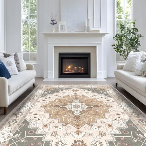 Luogort Gelb Teppich Wohnzimmer 140x200cm, Waschbarer Vintage Teppich Kurzflor Teppiche mit Rutschfester Rückseite – Weich, Kindersicher & Pflegeleicht für Büro Esszimmer Kinderzimmer