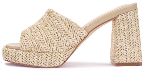 Monrovia Raffia Platform Heels for Women – Chunky Block Open Toe Woven Slides, Natural Straw Summer Dressy Vacation Sandals, Comfortable Heeled Slip On Mules, Brown Size 7