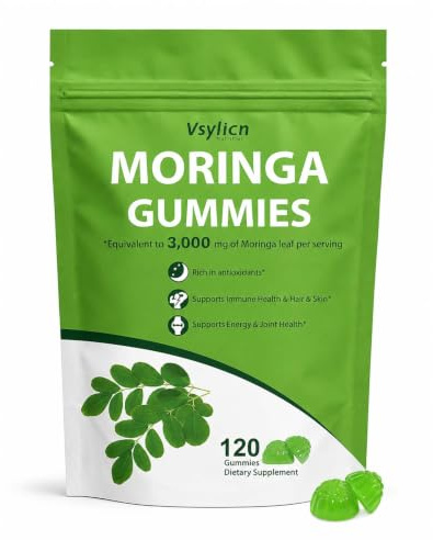 Organic Moringa Gummies for Energy, Mood & Skin Health, 120 Gummies Pure Moringa Powder Supplement, Energy, Skin, Immune & Gut Health Green Superfood, Moringa Capsules Alternative