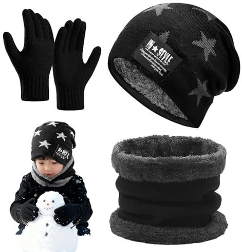 KASURE Ensemble Bonnet Écharpe Gants pour Enfants, Doublure Polaire Thermique Épais, Tricot Chaud pour Garçons Filles 5-15 Ans Hiver(Noir)
