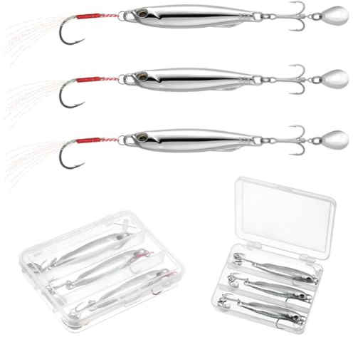Vicloon Señuelos de Pesca de Mar de Metal Plateado, 3 Pcs Cebos Giratorios de Metal Duro con Pluma,Triple Gancho,30 G Señuelos Metálicos para Agua Salada Trucha de Agua Dulce Salmón Bajo