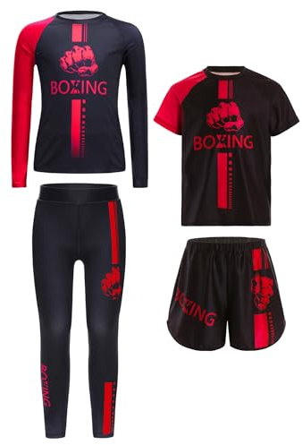 Yeahdor Kinder Jungen Boxkostüme MMA Muay Thai Boxsatz Rashguard Kinder BJJ Jiu Jitsu Ringen T Shirts Shorts Hosen Rot 158-164