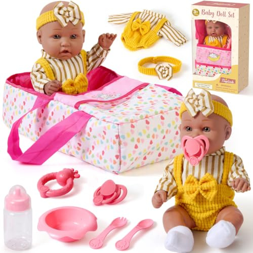 vamei 12 Inch Baby Doll with Carrier Bed, Baby Doll Accessories with Doll Clothes & Pacifier & Feeding Set, Realistic Baby Dolls Pretend Play Kids Toddler Toys Gifts for 3 4 5 6 Years Old Girls