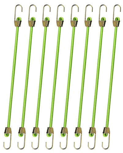 Pack of 8 Bungee Cords with Hooks, Luggage Tensioner, Elastic Expander with Hooks, Mini Rubber Lashing Straps, Rubber Tension Rope, Short Tarpaulin Tensioner for Camping, 25 cm (Green)