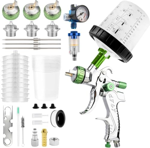 HVLP Pistolet à Peinture air Comprimé Kit avec 10 Godets de mélange jetables et Un régulateur de Pression, Buses de 1,3/1,7/2,0 mm – Pistolet de Peinture Automobile LVLP pour Voitures, mobilier