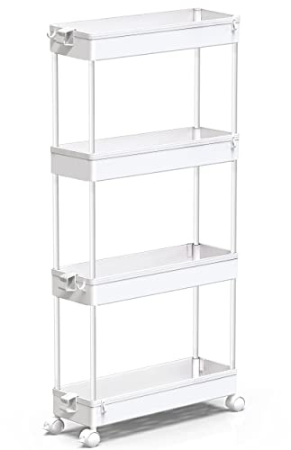 SPACEKEEPER Slim Rolling Storage Cart 4 Tier Bathroom Organizer Mobile Shelving Unit Utility Cart Tower Rack for Kitchen Laundry Narrow Places, White