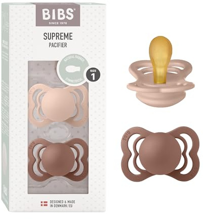 BIBS Supreme Soother 2-Pack, BPA Free Dummy Pacifier, Symmetrical Nipple. Natural Rubber Latex, Size 1 (0-6 Months), Woodchuck/Blush