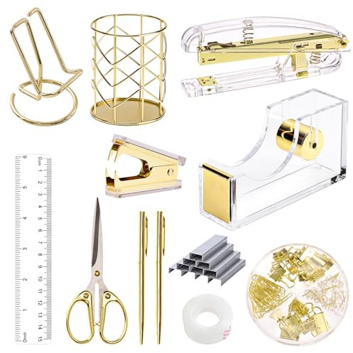 EOOUT Gold Office Supplies Set Schreibtischzubehör, Acryl Heftgerät Set Heftklammerentferner, Telefonhalter, Klebebandhalter, Stifthalter, Lineal, transparenter Kleber und Heftklammern.