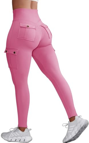 Nuofengkudu Push up Taille Haute Leggings Sport pour Femmes Elastique Opaque Doux Collant Pantalon avec Poche Cargo Fitness Running Jogging Sport Workout Yoga Pants Y-Rose XS