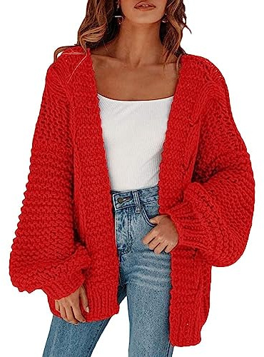 Cicy Bell Cardigan da donna con maniche a lanterna, elegante maglione oversize, Colore: rosso, S