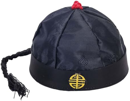 LOVIVER Chapeau Oriental Chinois avec Queue de Cheval, Couvre-Chef décoratif, Chapeau Asiatique Mandarin, Chapeau de Qing, Accessoires de Spectacle, Noir 56cm