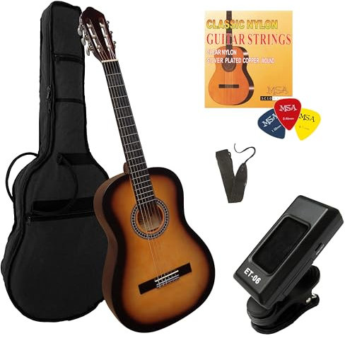 4/4 Gitarre im Set - Konzertgitarre - Classic - Lindenholz - Stimmgerät - Tasche - Band - Saiten - 3xPleks (Sunburst)