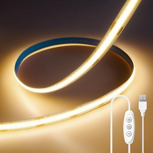 ShineBurky Ruban LED COB USB 2M Blanc Chaud, 5V Bande LED 2 Mètres Alimenté par USB avec Gradateur Tactile Bandeau Lumineuse LED Flexible pour Chambre, TV Rétroéclairage, Éclairage Maison DIY
