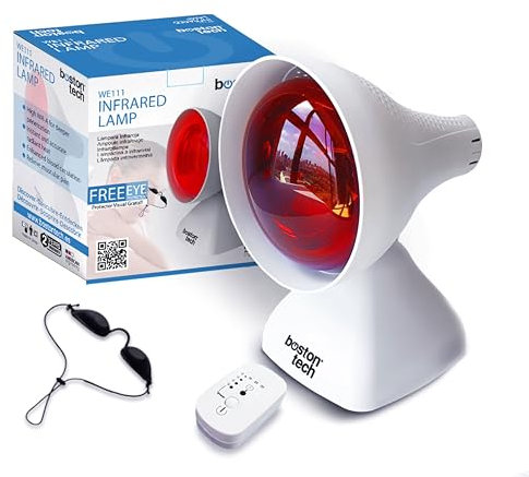 Infrarotlampe Boston Tech WE122 mit 3-Stufen-Timer und Augenschutz – Wärmelampe 200 W für Rücken Muskelgelenke – 3 Neigungswinkel – Infrarotlicht zur Schmerzlinderung und Wärmetherapie zu Hause