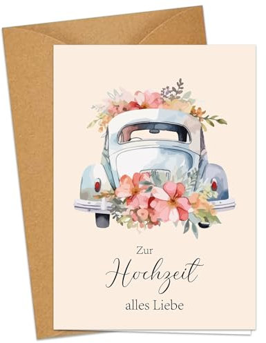 Hochzeitskarte mit Auto - A6 Klappkarten Aquarell Karte Hochzeit - Premium Glückwunschkarte zur Hochzeit mit Umschlag