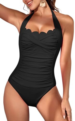 Eomenie Women One Piece Tummy Control Swimsuit Halter Scallop Trim Bathing Suits 1 Piece Vintage Ruched Slimming Swimwear Black