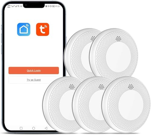 Detector de Humo Inteligente Wi-Fi, batería de 10 años con notificación Mediante aplicación, función silenciosa y autoprueba, Compatible con EN 14604, 5 Pieza (Compatible con App Tuya/Smart Life)