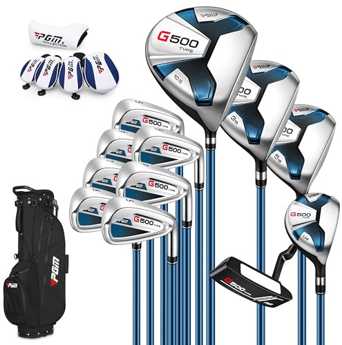 PGM 18-teiliges Herren-Golfschläger-Set – 12 Schläger inklusive Titan-Driver #1, Draw-Biased Hybrid, hochfeste Eisen, fehlerverzeihender Putter, Standbag mit 5 Schlägerhauben