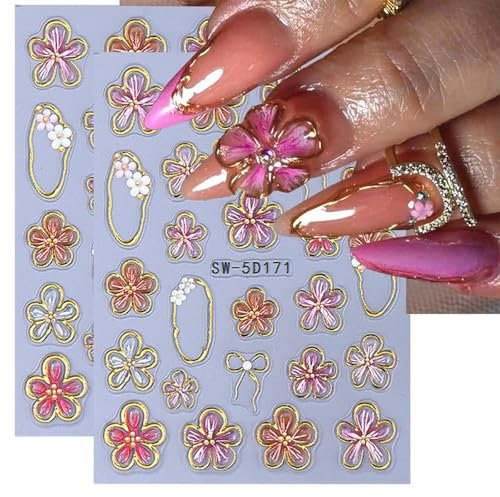 LunarCharm Lot de 2 autocollants floral 5D, design circulaire doré, fleurs intenses