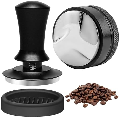 Set Tasseur et Distributeur Café 58mm Tasseur Calibré avec Ressort, Acier Inoxydable 304, Kit Cafe Barista Cafe Tamper 58mm Distribuidor de Café Espresso, avec Tapis de Silicone para Amantes del Café