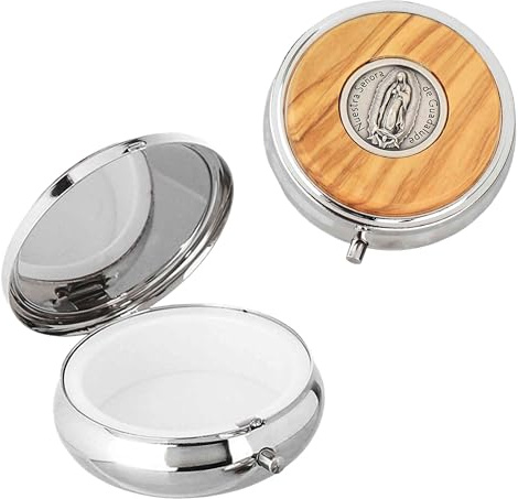 NKlaus Round Host Box 6 cm - Stainless Steel Housing with Olive Wood Lid & Maria Guadalupe Motif - Rosary Metal Case Small Ideal for Safe Storage of Religious Elements