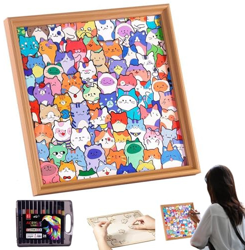 Kit de Puzzle en Bois pour Chat à Colorier et Cadre Photo à Peindre, Puzzle en Forme de Chat pour Enfants et Adultes, Jeu Créatif de Peinture en Bois pour Décoration, Cadeau d'Anniversaire