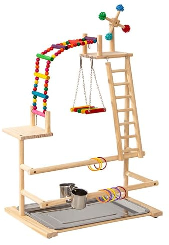 Parrot Playstand Playpen Bird Playground for Cage Activity Lovebird Finch Cockatiel Conure, Solid Wood Play Gym with Windmill Toy, 17.52x1.22x28.15 inch