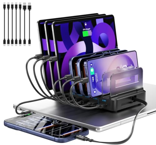 288W USB-laddningsstation för flera enheter, GaN PD 100W, 8 USB-C Portar, snabbladdningsstation med justerbara avdelare och 8 kablar, för iPhone, iPad, Samsung, MacBook Pro/Air, Surfplattor