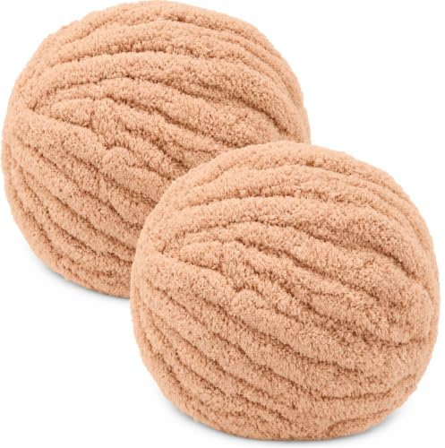 Bafeil Chunky Wool for Hand Knitting, 2 × 250g Jumbo Chenille Blanket Yarn | 2CM Thick Chunky Wool for DIY Crafts Blankets Cushions (27m per Ball), Milk Tea Beige