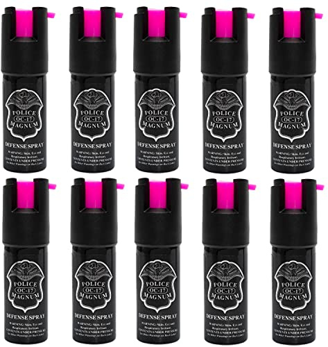 POLICE MAGNUM Mini Pepper Spray Self Defense Canisters- Max Heat Strength- 10-12ft Range (10 Pack 1/2oz Twist Lock) (HOT Pink)