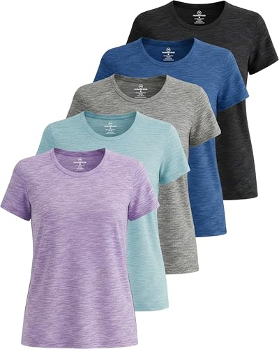 5-pack dam torr passform träningstoppar rund hals t-shirts atletiska gym t-shirts, Set 1, M