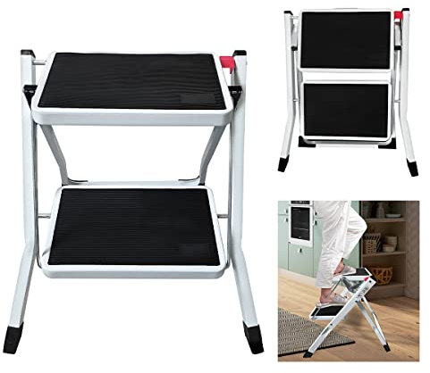 2 Step Ladder Stool 45CM Height Safety Anti-Slip Ladder for Home Kitchen, Compact Folding Step Ladder with Anti-Slip Sturdy Feet and Wide Pedal, Max Load 330LBS