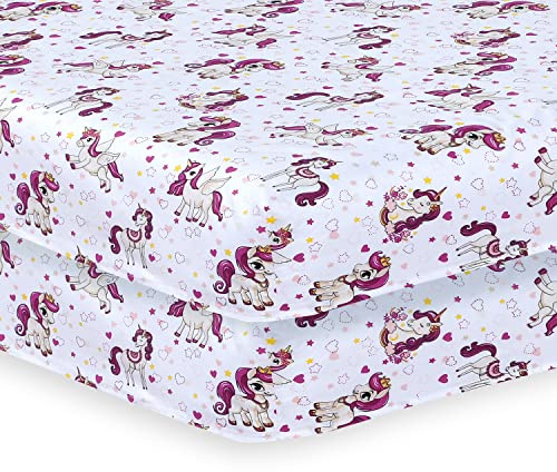 Indus Textiles - Sábana bajera ajustable para cuna, paquete de 2 sábanas bajeras para cuna, de fácil cuidado, suaves y duraderas, sábanas de cuna de 140 x 70 cm, sábanas bajeras para cuna, unicornio