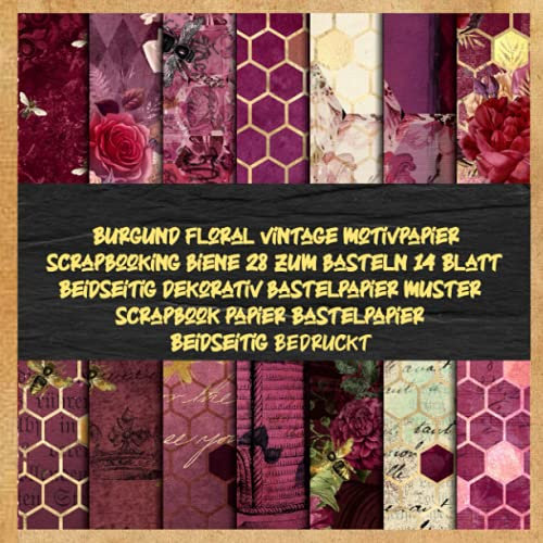 Burgund floral vintage motivpapier scrapbooking biene 28 zum basteln 14 Blatt Beidseitig dekorativ bastelpapier muster scrapbook papier Bastelpapier Beidseitig Bedruckt: briefpapier vintage