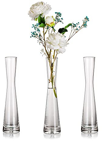 Glasseam Blumenvase Modern Glasvasen Schmal: 3er 24.5cm Hoch Blomus Vase Glas Set Handmade Schmale Vasen Tischdeko Wohnzimmer Esstisch Tulpenvase Dekovase für Pampasgras Tulpen Rose Hochzeit Deko